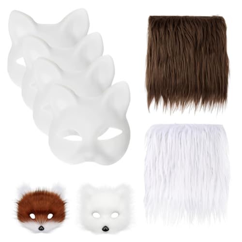 URFDCAD 4pcs Katzenmasken + 2pcs Kunstfell Bordüre Kunstpelz Band Fellstoff weißer Fuchs Katzengesicht blanko handbemalte Masken DIY bemalte Maske Cosplay DIY Katzen Masken Furry Faux Precut Strips von URFDCAD