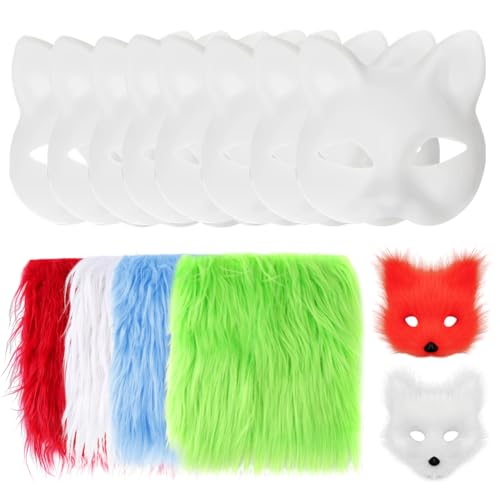 URFDCAD 8pcs Katzenmasken + 4pcs Kunstfell Bordüre Kunstpelz Band Fellstoff weißer Fuchs Katzengesicht blanko handbemalte Masken DIY bemalte Maske Cosplay DIY Katzen Masken Furry Faux Precut Strips von URFDCAD