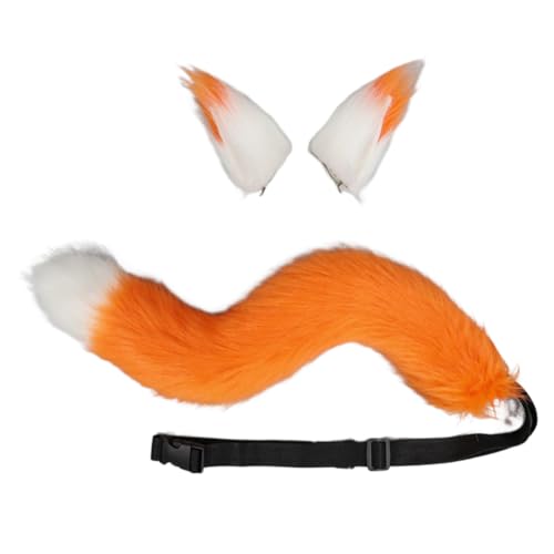 URFDCAD Kunstfell Tier Ohren Schwanz, Wolf Fuchs Schwanz Clip Ohren Cosplay Plüsch Kunstpelz Tail Kunstpelz Katze Wolf Waschbär Ohren Schwanz Tier Pelzschwanz Ohren Halloween Cosplay Dress Zubehör von URFDCAD