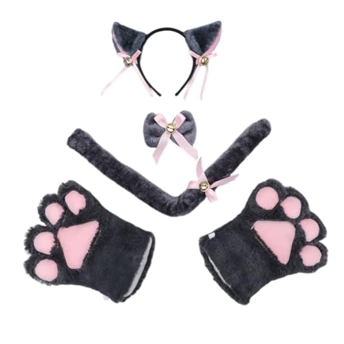 URFDCAD Kunstfell Tier Ohren Schwanz Pfote Handschuh Set, Tier Fuchs Katze Hund Wolf Schwanz Stirnband Plüsch Klaue Handschuhe Cosplay Plüsch Kunstpelz Tail Cosplay für Halloween Fasching Karneval von URFDCAD