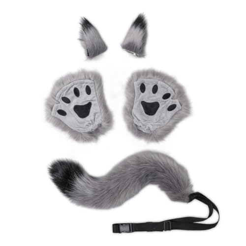 URFDCAD Kunstfell Tier Ohren Schwanz Pfote Handschuh Set, Wolf Fuchs Schwanz Clip Ohren und Plüsch Klaue Handschuhe Cosplay Plüsch Kunstpelz Tail Cosplay Fancy Dress Zubehör für Kinder Erwachsene von URFDCAD