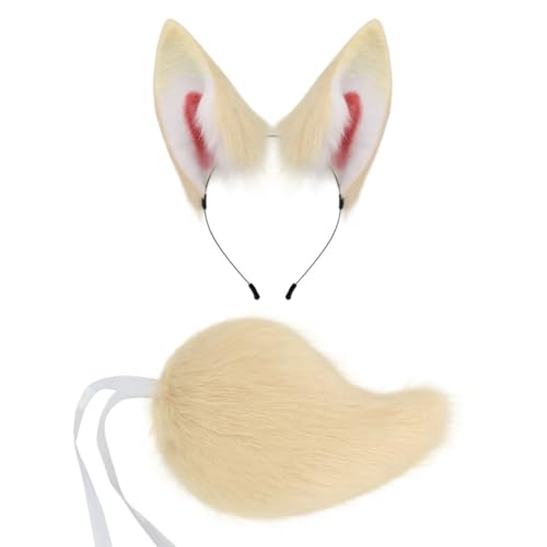 URFDCAD Rabbit Fox Ears Tail Set Faux Fur Cat Animal Tail Ears Headband Fluffy Long Ears Rabbit Fox Cat Dog Wolf Tail Cosplay Animal Ears Tail Costume Set for Halloween von URFDCAD