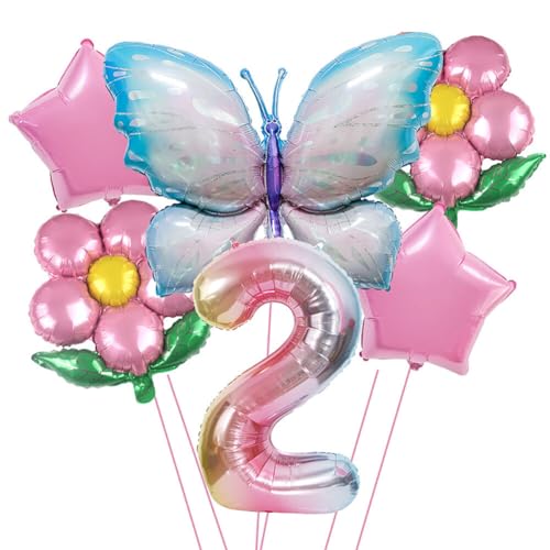 2 Jahre Schmetterling Geburtstag Deko,Geburtstagsdeko Schmetterling Deko 2 Jahre Partyzubehörset,Schmetterling Luftballon Folienballon Zahlen-Ballon Zahl 2 Happy Birthday Deko Kinder Mädchen Party von URFEDA