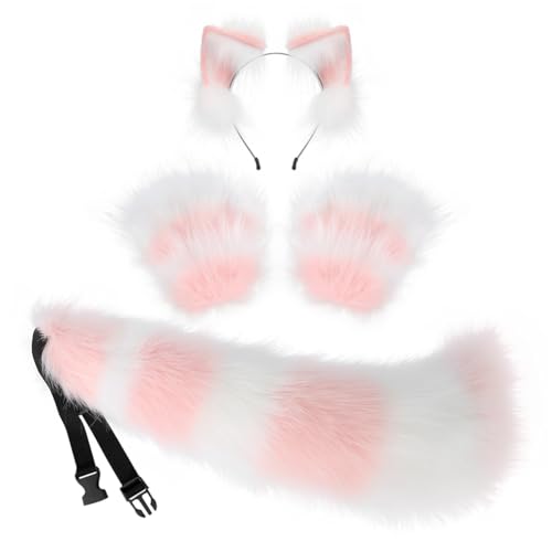 3 Stück Katze Cosplay Kostüm Set,Flauschige Katzeohren Haarreif mit Schwanz und Katze Pfoten Handschuhe Set Ohren Schwanz Stirnband Kostüm Cosplay Kopfschmuck Halloween Party Erwachsene Kinder Cosplay von URFEDA