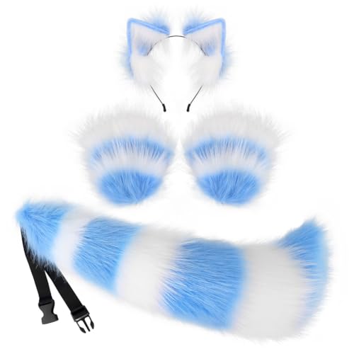 3 Stück Katze Cosplay Kostüm Set,Flauschige Katzeohren Haarreif mit Schwanz und Katze Pfoten Handschuhe Set Ohren Schwanz Stirnband Kostüm Cosplay Kopfschmuck Halloween Party Erwachsene Kinder Cosplay von URFEDA