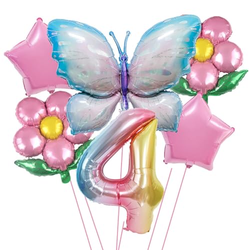 4 Jahre Schmetterling Geburtstag Deko,Geburtstagsdeko Schmetterling Deko 4 Jahre Partyzubehörset,Schmetterling Luftballon Folienballon Zahlen-Ballon Zahl 4 Happy Birthday Deko Kinder Mädchen Party von URFEDA