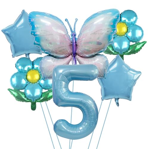 5 Jahre Schmetterling Geburtstag Deko,Geburtstagsdeko Schmetterling Deko 5 Jahre Partyzubehörset,Schmetterling Luftballon Folienballon Zahlen-Ballon Zahl 5 Happy Birthday Deko Kinder Mädchen Party von URFEDA