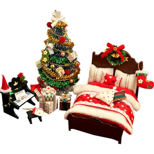 Dänische Mini Wooden Wichtel Zubehör Weihnachtsdeko,Miniatur Puppenhaus Zubehör Weihnachten,DIY Weihnachtsmöbel Bett Weihnachtsbaum Klavier Miniatur Weihnachten Set Weihnachtsdekoration für Geschenke von URFEDA