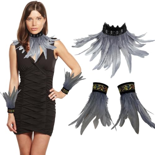 Halloween Kostüme Hexen Federkragen mit Feder Manschette, Gothic Feder Achselzucken Schal Poncho Feder Cape Damen Federschal Federumhang Karneval Schulterumhang für Halloween Cosplay Fasching Kostüm von URFEDA