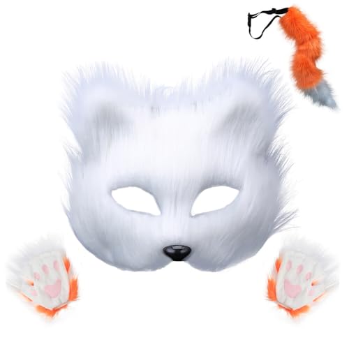 Halloween Kunstpelz Fuchsschwanz Fuchs Maske und Pfoten Handschuhe Set,Tierschwanz Pelzige Katze Fuchs Maske Plüsch Fuchs Cosplay Kostüme Wolfsschwanz Fuchsschwanz für Erwachsene Cosplay Rollenspiele von URFEDA