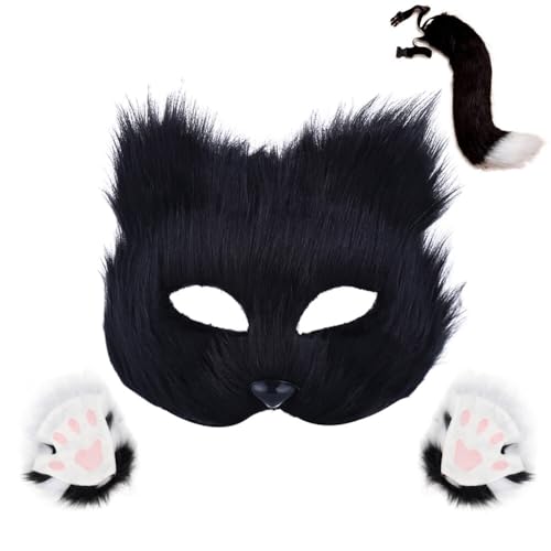 Halloween Kunstpelz Fuchsschwanz Fuchs Maske und Pfoten Handschuhe Set,Tierschwanz Pelzige Katze Fuchs Maske Plüsch Fuchs Cosplay Kostüme Wolfsschwanz Fuchsschwanz für Erwachsene Cosplay Rollenspiele von URFEDA