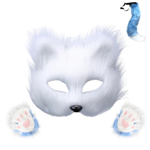 Halloween Kunstpelz Fuchsschwanz Fuchs Maske und Pfoten Handschuhe Set,Tierschwanz Pelzige Katze Fuchs Maske Plüsch Fuchs Cosplay Kostüme Wolfsschwanz Fuchsschwanz für Erwachsene Cosplay Rollenspiele von URFEDA