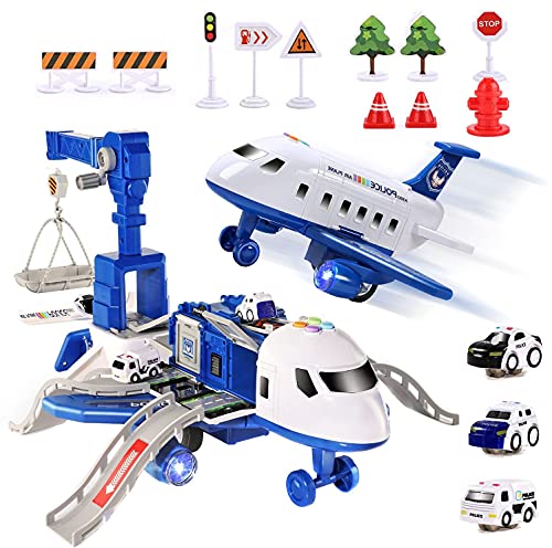 URFEDA Flugzeug Spielzeug, Transport Flugzeuge Spielzeug mit Polizei Feuerwehr Spielzeugauto Modell Set Kinder Rollenspiel DIY Fahrzeuge Motorik Lernspielzeug für Kindergeburtstag (Musik) von URFEDA