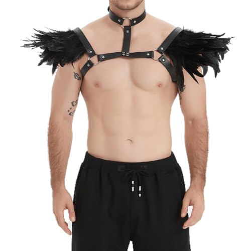 URFEDA Gothic Halloween Kostüm Accessoires Herren Gothic Feder Epaulettes Shrug Schulterklappen mit Leder Body Harness Schal Achselzucken Cape Harness Punk Schal für Männer Halloween Carnival Kostüm von URFEDA