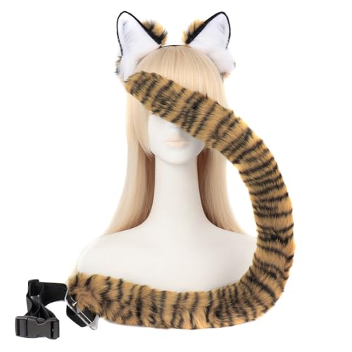 URFEDA Handgemachte Tiger Katze Ohren Schwanzset, Katze Ohr Stirnband Tiger Ohren Schwanz Tiger Tier Cosplay Faux Furry Ohr Langer Schwanz Plüsch Anime Tier Stirnband Schwanz für Cosplay Party von URFEDA