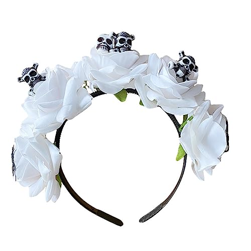 URFEDA Totenkopf Tiara mit Blüten,Haarreif Dia de los Muertos,Tag der Toten Haarschmuck,Mexikanische Blumenkrone Stirnband Halloween Damen Haarband Party Kostüm Kopfschmuck für Fasching Karneval von URFEDA