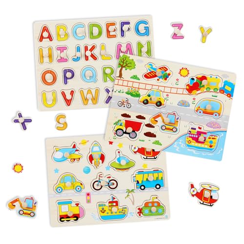 URHRHU 3 Stück Holzpuzzle Fahrzeuge Alphabet Baby Spielzeug Puzzle ab 1 2 3 Jahre Montessori Spielzeug Steckpuzzle Holz mit Holzknöpfen Greifpuzzle Lernspielzeug für Jungen Mädchen Kindergeschenke von URHRHU