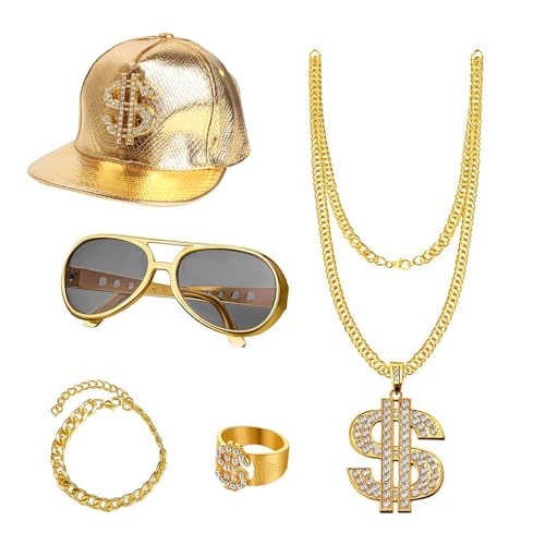 URHRHU Hip Hop Kostüm Set 5 Stück Goldener Fischerhut Dollar Anhänger Kettenring Sonnenbrille mit Farbverlauf 80er 90er Pimp Kostüm für Karneval Mottopartys Rollenspiel von URHRHU