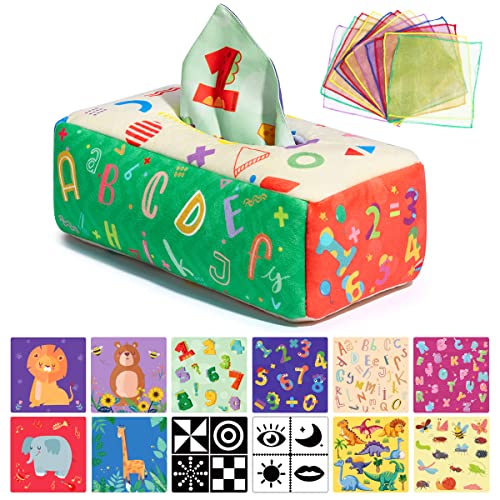 URMYWO Babyspielzeug,Sensorik Tissue Box Spielzeug mit 6 Knisterpapier & 12 Bunte Schals,Kontrast,knisterspielzeug Baby ab 3 6 9 12 Monate von URMYWO