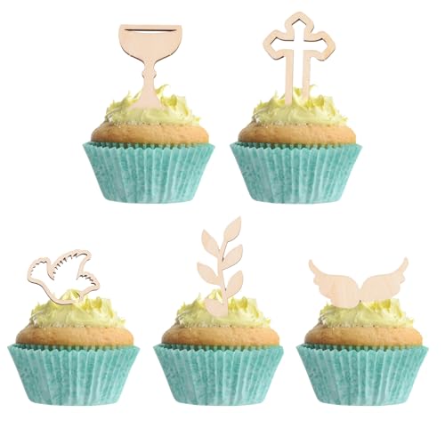 URROMA Cupcake-Topper, 25 Stück, Eucharistische Täufer-Kuchenspieße aus Holz, Täufer-Thema, Kuchenscheiben, religiöse, christliche, ritualistische Dessert-Eiscreme-Accessoires von URROMA