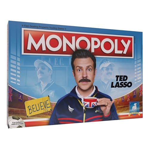 Monopoly Ted Lasso Brettspiel, offiziell lizenziertes Brettspiel, Spielt als Glaubensschild, Goldfisch, Tea Up, Teds Visier und mehr, basierend auf beliebten Comedy-Serien von USAopoly