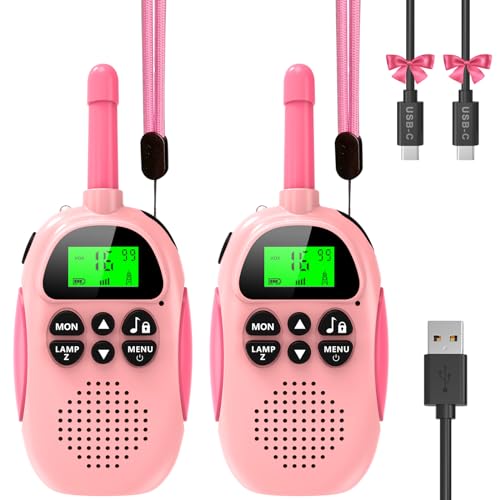 Ushining Walkie Talkie für Kinder, Walkie Talkie Wiederaufladbarer mit 16 Kanäle Funkgerät VOX Hintergrundbeleuchteter LCD Taschenlampe, 3 KM Reichweite für Abenteuer im Freien, Camping, Wandern Rosa von USHINING