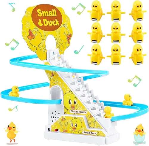 USMEI Elektrische Musik Ente Treppensteigen Spielzeug, Rennwagen Bahn Spielzeug Kinder Achterbahn Spielzeug Set Kinder Lernspielzeug mit Fashing LED-Leuchten, Geschenk für Mädchen Jungen von USMEI