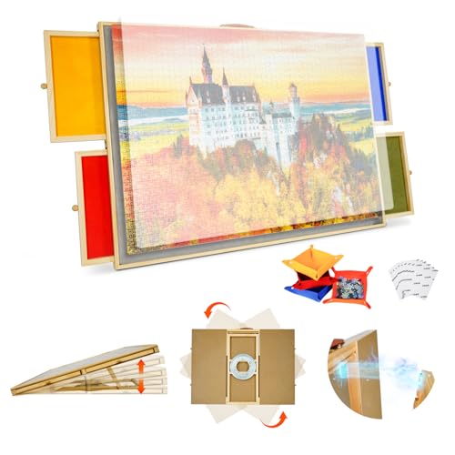 USOR 2-in-1 drehbares Puzzlebrett mit Schubladen und Abdeckung, 66 x 91,4 cm, Titel-Puzzle-Tisch mit Lazy Susan, tragbares Filz-Puzzlebrett mit 4 Sortiertabletts, 9 Puzzle-Sparer für Erwachsene, von USOR