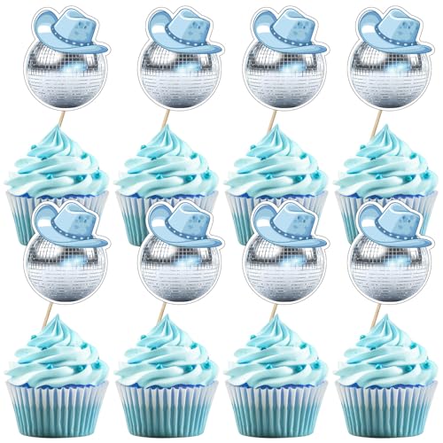 24 Stück Disco Ball Cupcake Toppers, Cowboy Disco Ball Picks, Disco Thema Tortendekorationen für 70er 80er 90er Geburtstag Party Zubehör Blau von UVTQSSP