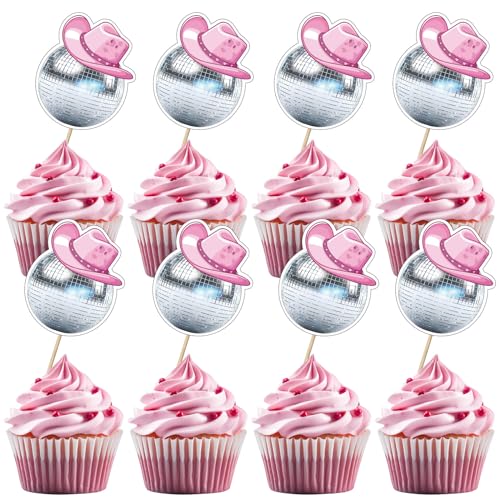 24 Stück Disco Ball Cupcake Toppers, Cowboy Disco Ball Picks, Disco Thema Tortendekorationen für 70er 80er 90er Geburtstag Party Zubehör Rosa von UVTQSSP