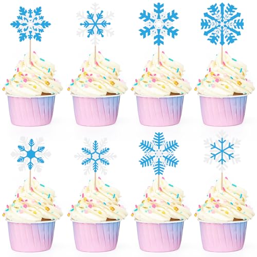 32 Stück Schneeflocke Tortendeko Schneeflocken Cupcake Topper Blau Silber Glitzer Frozen Tortendeko Schneeflocke,Winter Frozen Cake Topper,Schneeflocken Muffin Deko für Weihnachten Geburtstag von UVTQSSP