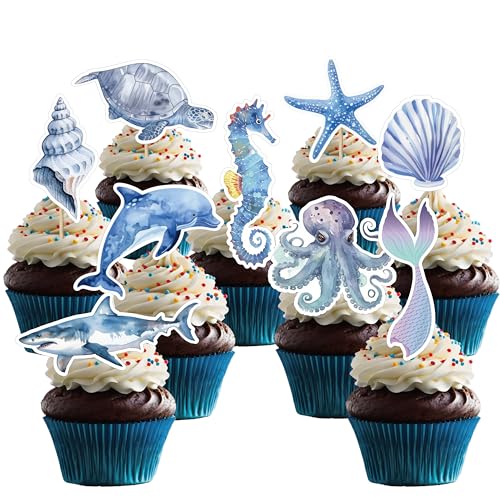 32 Stück Ozean Cupcake Topper Ozean Motto Partydekorationen Meerestiere Delfine Party Kuchenaufsätze für Jungen unter dem Meer Babyparty Geburtstagsparty Zubehör Fisch Cupcake Dekoration von UVTQSSP