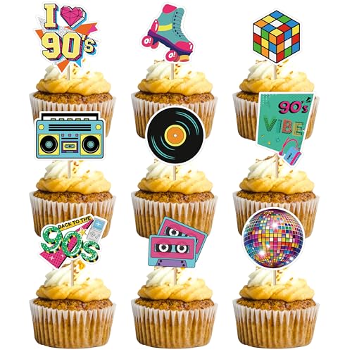 36 Stück Retro 90s Disco Cupcake Toppers, Back to the 90s Disco Thema Tortendekorationen für 90er Geburtstag Bar Party Zubehör von UVTQSSP