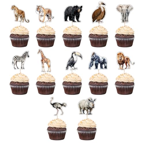 48 Stück Wild One Kuchen Topper Tiere Kuchen Deko Tortenaufleger Wildtier Thema Happy Birthday Torten deko für Mädchen Junge, Cake Decoration Topper Set für Taufe Party von UVTQSSP