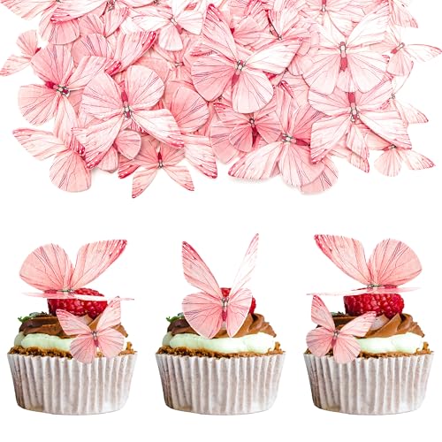 72 Stück Essbare 3D Schmetterling Cupcake Topper, Schmetterlinge Tortendeko für Butterfly Party Hochzeit Baby Dusche Geburtstag, Rosa von UVTQSSP