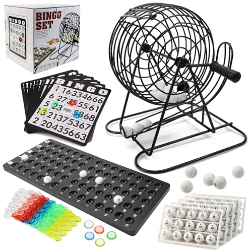 UVVRUR Bingo Spiel Set, Metalltrommel, 18 Tickets, 75 Kugeln, 150 Chips, Spielbrett, 500 Karten, schwarz (A) von UVVRUR