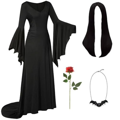 Addams Kostüm Damen Halloween Kostüm für Erwachsene Hexe Gothic Vintage Kleid Perücke Schwarz for Addams Family Fledermaus und Perücke Kappen Halskette Rote Rosen UX002L von UWXOZO