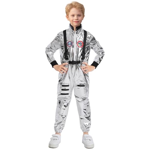 Astronaut Kostüm Kinder mit Astronauten Helm Space Kostüm für Kinder Mädchen Fasching Karneval Jungen Silber Weltraum Kostüm Onesie Jumpsuit Birthday Raumfahrer Cosplay Party Outfit UX014L von UWXOZO