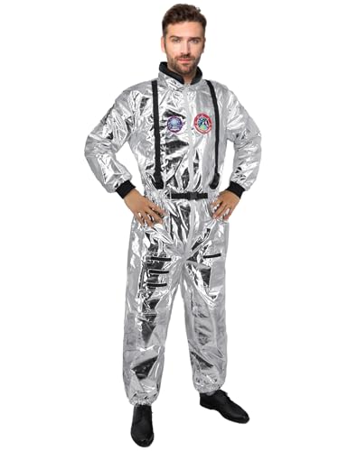 Astronaut Kostüm für Herren Damen Weltall Kostüm Set mit Astronauten Helm Faschings Karneval Erwachsene Unisex Silber Space Kostüm Overall Birthday Cosplay Theme Party Outfit mit Zubehör UX015XXL von UWXOZO