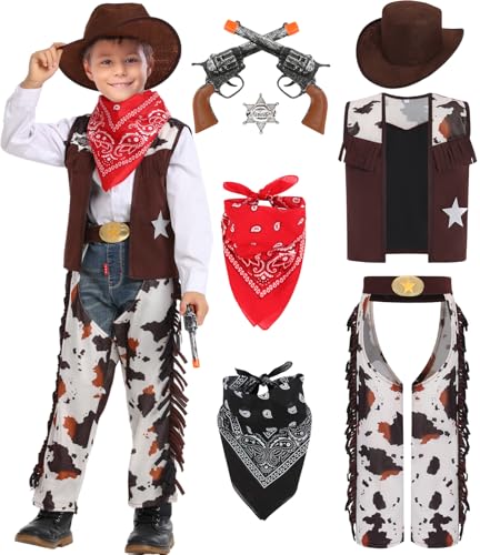 Cowboy Kostüm Kinder Western Polizei Cowboy Zubehör mit Hut Weste Abzeichen Kinder Karneval Kostüm Jungen Mädchen Sheriff Cosplay Outfits Set Sombrero Halstuch UX006L von UWXOZO