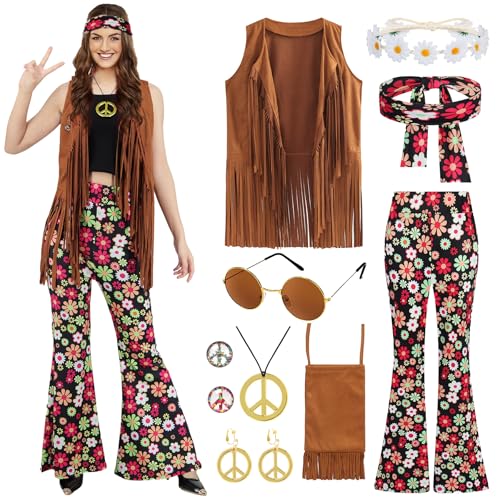 Hippie Kostüm Damen 60er 70er Jahre Bekleidung Damen Set mit Hippie Accessoires für Faschings Karneval Cosplay Party Outfits mit Schlaghose Fransenweste Brille Damen Zeitreise Disco Kostüm UX010XXL von UWXOZO