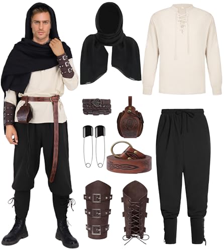 Mittelalter Hemd Viking Kostüm Herren Mittelalter Kleidung Renaissance Costume Männer Viktorian Piraten Steampunk Set 9 in 1 Wikinger Hemd Hose Gürtel Schal Halloween Fasching Kostüm UX005L von UWXOZO