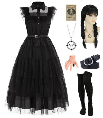 Mittwoch Kostüm Kleid Damen Schwarzes Gotisch Kostüm Erwachsener Mittwoch Familie Cosplay Kleider mit Aufkleber Perücke Socken Perückenkappe Karnevals Kostüme Outfit für Fasching Halloween UX003XXL von UWXOZO