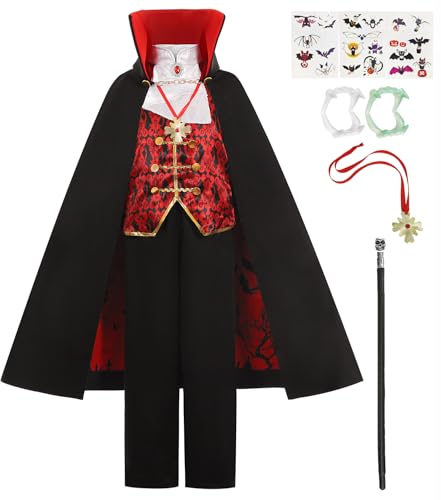 Vampir Kostüm Kinder Jungen Vampir Umhang Vampir Zähne Halskette Fledermaus Tattoo Aufkleber Skelett Zepter Halloween Karneval Mottoparty Cosplay Party UX001L von UWXOZO