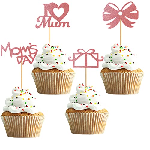 UXYOKM 24 Stück Muttertag Cupcake Topper Glitzer Happy Mother's Day Cupcake Topper I Love Mum Cupcake Picks Mutter Geburtstag Party Kuchen Dekorationen Zubehör Muttertag Cupcake Picks Mama Cupcake Picks von UXYOKM