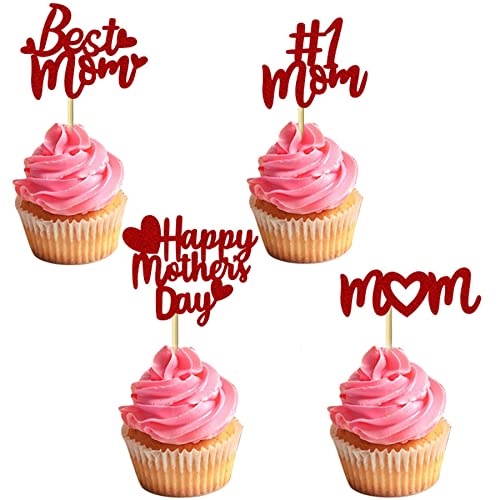 UXYOKM 24 Stück Muttertag Cupcake Topper Glitzer Happy Mother's Day Cupcake Topper Mutter Geburtstag Party Kuchen Dekorationen Zubehör Muttertag Cupcake Picks Mama Cupcake Picks von UXYOKM