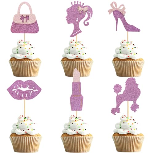 UXYOKM 24 Stück Prinzessin Cupcake Toppers Rosa Glitzer High Heel Lippenstift Fliege Handtasche Cupcake Picks Hochzeit Brautdusche Mädchen Geburtstag Party Kuchen Dekorationen Supplies von UXYOKM