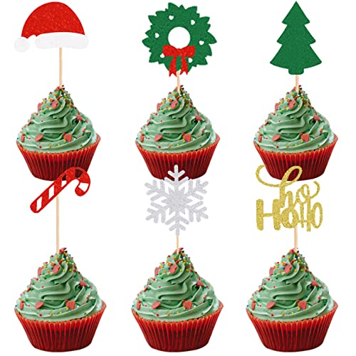 UXYOKM 24Pcs Merry Christmas Cupcake Toppers Glitter Christmas Hat Tree Wreath Candy Hohoho Snowflake Cupcake Picks Merry Christmas Theme Happy New Year Holiday Party Cake Decorations Supplies von UXYOKM