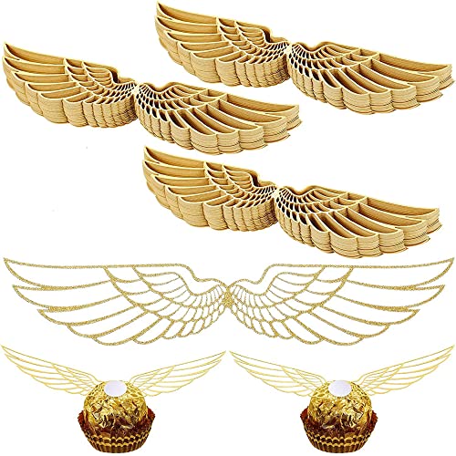 UXYOKM 50 Stück Schokoladen-Cupcake-Topper Gold Glitzer Flügel Cupcake Picks Zauberer Party Dekoration ausgehöhlte Dekoration für Geburtstag Party Zubehör von UXYOKM