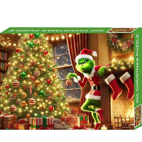 Grinch Puzzles für Kinder und Erwachsene, 50 * 50cm, 500 Teile, Weihnachtspuzzle für Kinder ab 8 Jahren, Sammlerpuzzle mit Weihnachtsmotiven, Perfekt für Puzzle-Liebhaber in Spielenächten (grün) von UYOE